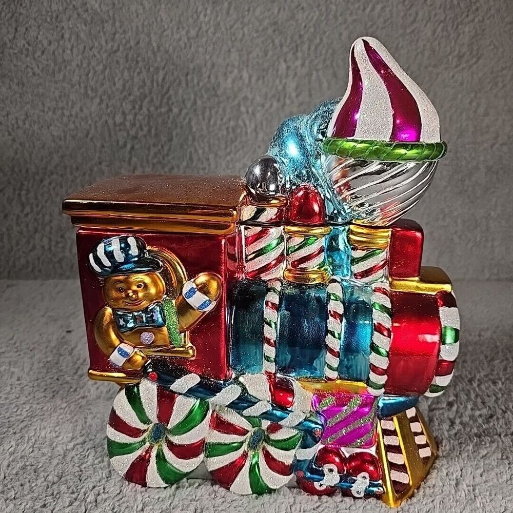 Christopher Radko Cookie Jar Candy Dish Train Colorful Christmas Holiday EUC